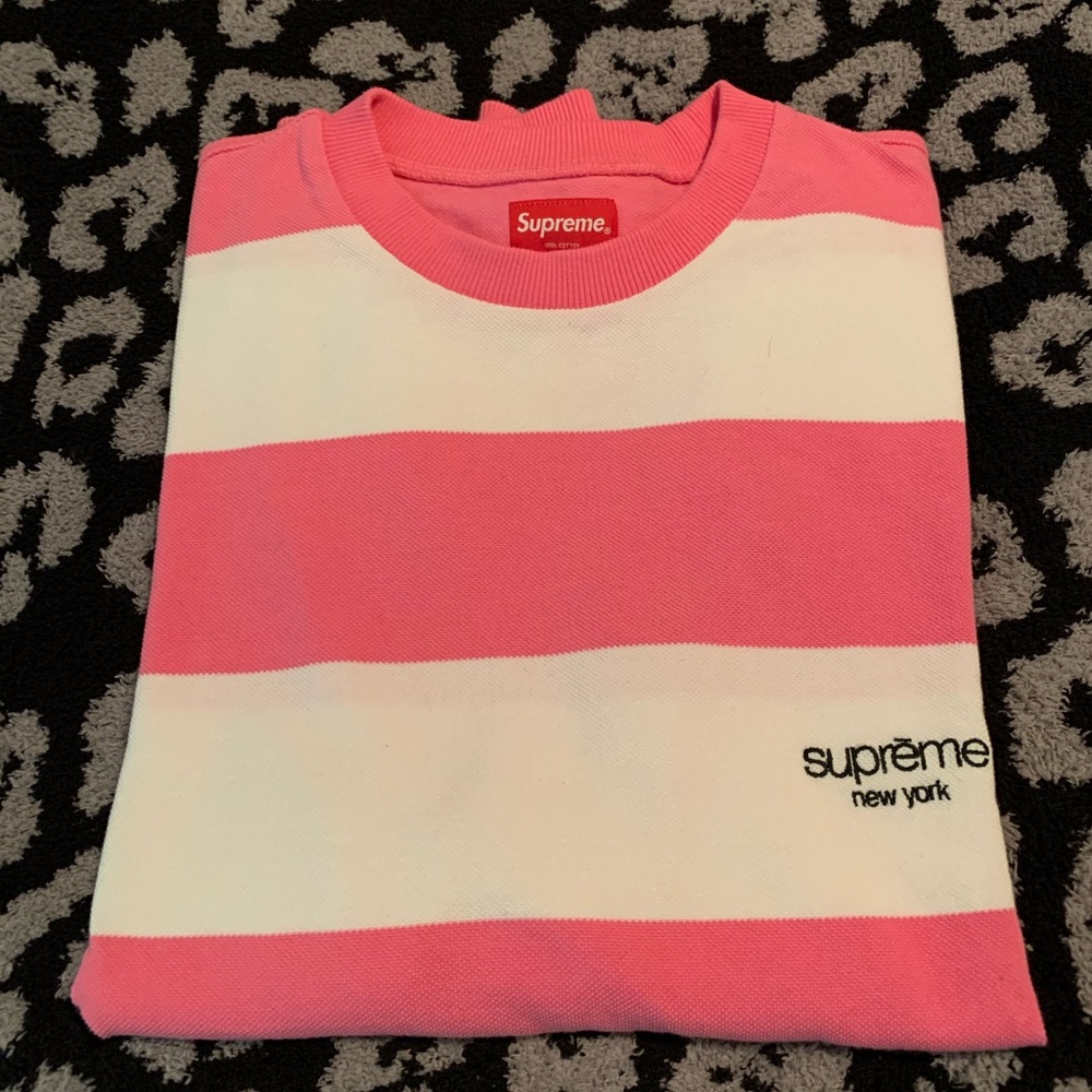 Pink & white stripe Supreme sweatshirt